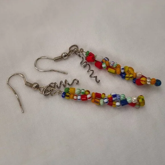 Multi-Colour Seed Bead Dangle Earrings 925 Hooks - Picture 8 of 8